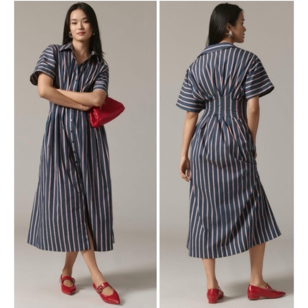 Anthropologie Exquise Tobie Marin pleated shirt dress